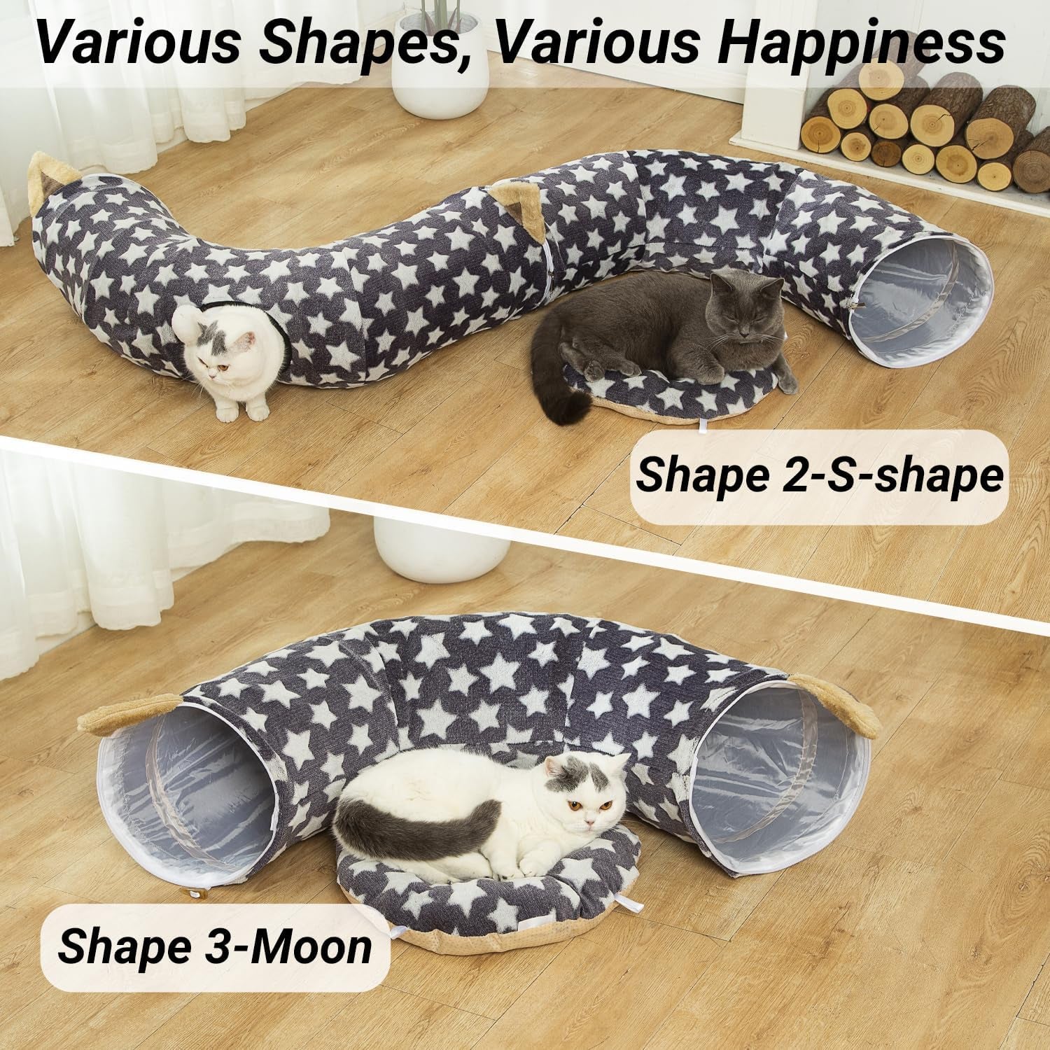 Large Cat Tunnel Bed under Christmas Tree with Fluffy Toy Balls, Small Cushion and Flexible Design- 10 Inch Diameter, 3 Ft Length- Great for Cats, and Small Dogs, Gray Star Pattern